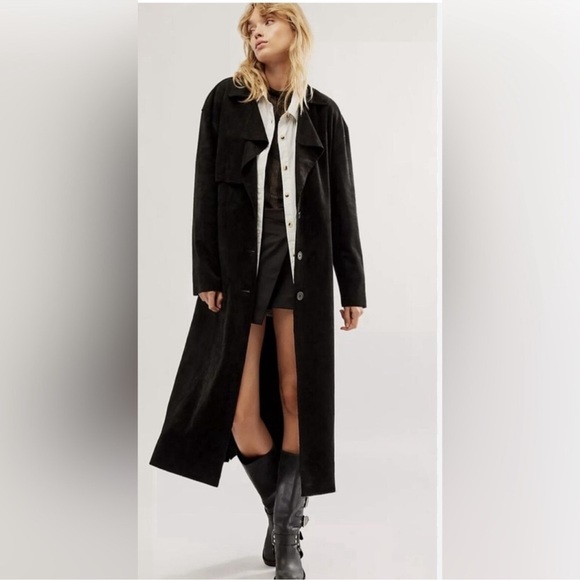 Free People x Blank NYC Vegan Suede Trench Coat Button Front Black Size Medium‎ - Picture 1 of 16